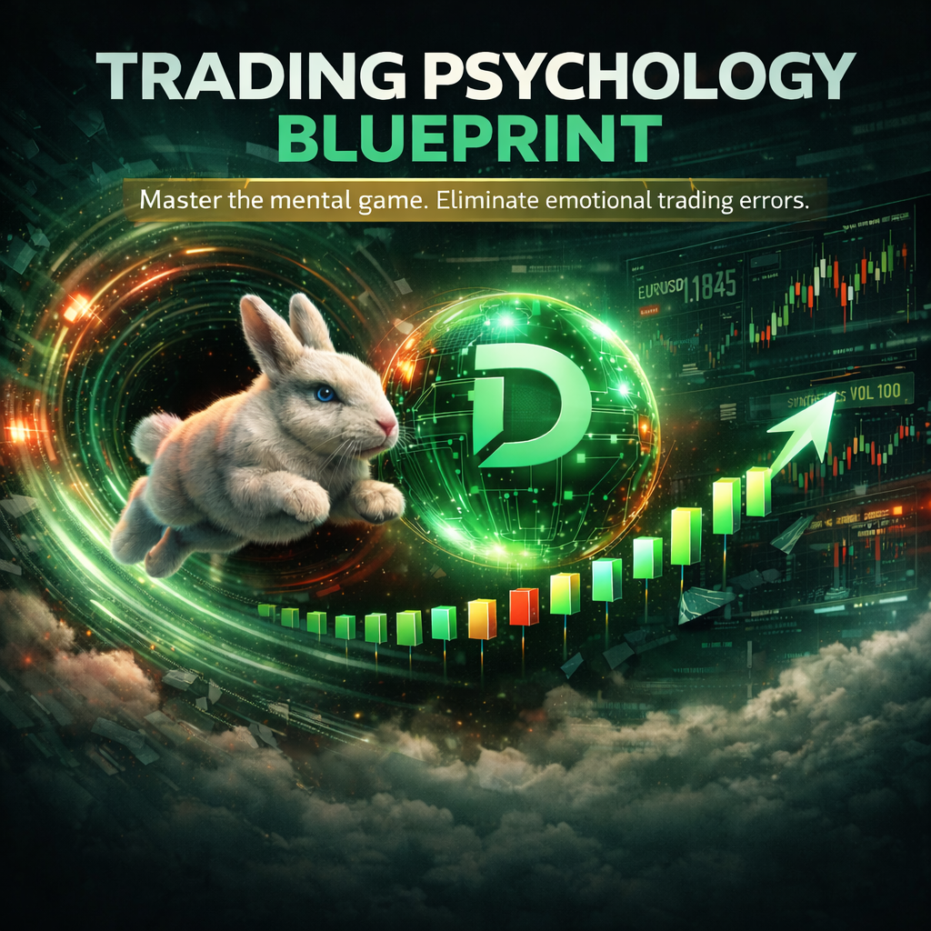 A digital illustration for “Trading Psychology Blueprint” features a rabbit and green “D” coin, glowing charts, and an upward arrow, with text: Master the trading mindset. Eliminate emotional trading errors.