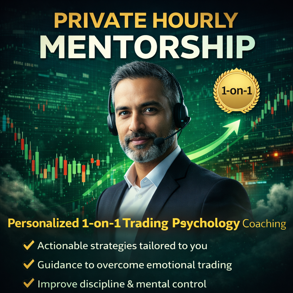 A man in a suit with a headset smiles confidently. Text promotes Private Hourly Mentorship, offering live 1-on-1 trading sessions with tailored strategies, emotional support, and improved discipline for traders.