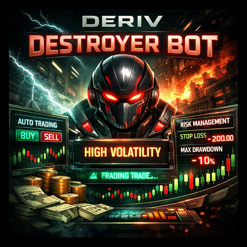 A futuristic robot with red eyes stands amid trading charts, coins, and city lights. Text features: Deriv Destroyer Bot, a Deriv trading bot for high volatility markets, auto trading, risk management, stop loss, and drawdown.